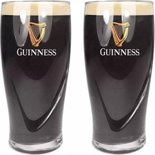 Genuine Guinness 20oz Pint Glass Set of 2 Embossed Harp and Logo UK - Fast P&P
