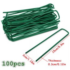 U PINS GREEN ARTIFICIAL GRASS TURF GALVANISED METAL PEGS STAPLES WEED HOOKS 100X