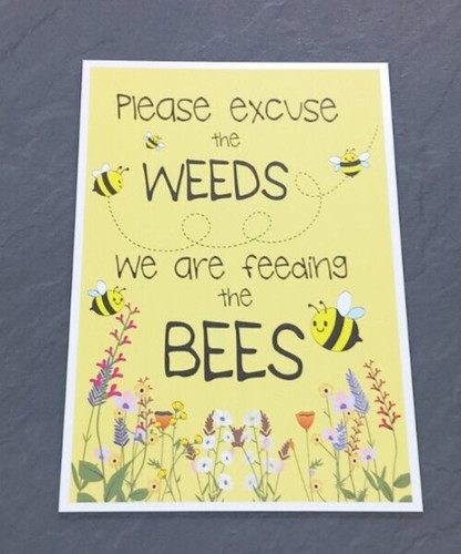 Bee sign excuse the weeds - excuse,