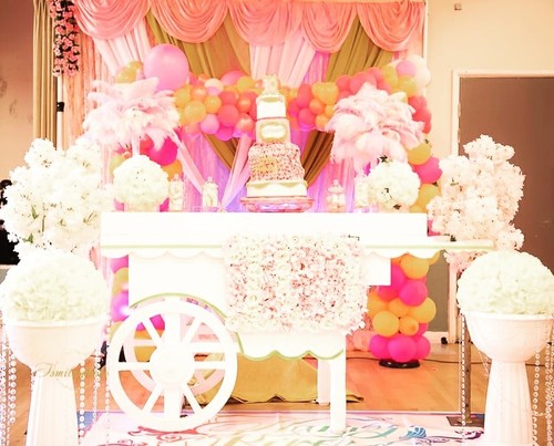 Cake table and balloon arch - and,