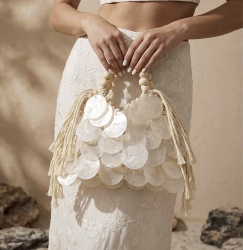 Cream crochet woven top handle - crochet,