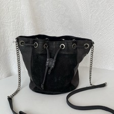Markberg Leather Bucket Bag Black Slouchy Drawstring Shoulder Bag Chain Strap