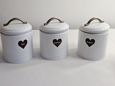 Set of 3 White Metal Canisters – Tea, Coffee, Sugar Storage Jars Farmhouse Style