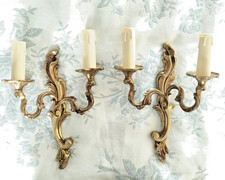 2  French Bronze Asymmetric Twin Branch Wall Lights Vintage Rococo Candle Sconce