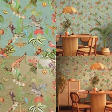 Animal Safari Wallpaper Soft Teal Gold Metallic Shimmer Feature Wall Bedroom