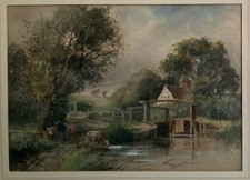 Antique Watercolour Painting Cattle Watering HENRY CHARLES FOX 1855-1929