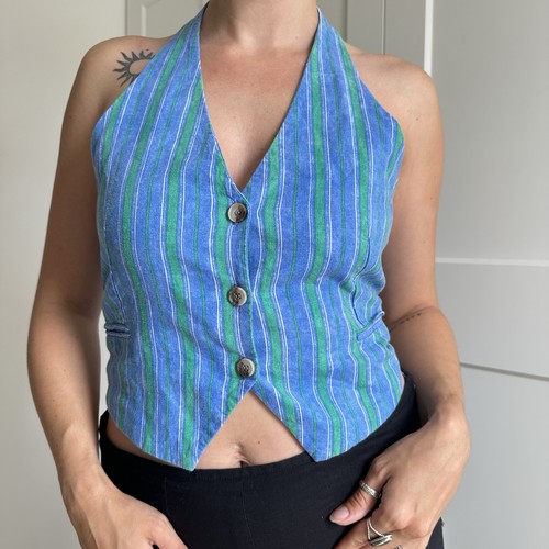 Mango top blue green pinstripe
