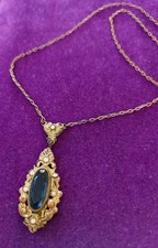 Vintage Necklace Art Deco Ornate Goldtone Filigree Blue Czech Glass 