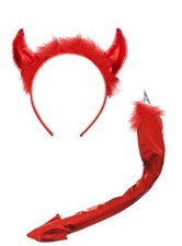 Metallic Red Devil Horns & Tail Set Fancy Dress Halloween Costume Headband
