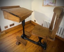 Vintage Victorian Oak School Desk With Chair On Cast iron Frame