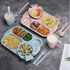 For Toddler Self Feeding Training Baby Divided Plate Spoon Fork Bowl Set 6Pcs