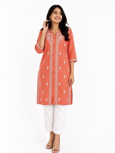 Coral orange embroidered - coral, kurti