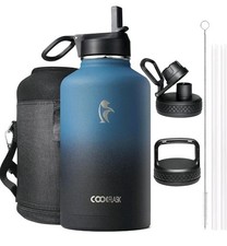 Coolflask 2L Insulated Water Bottle Half Gallon with Straw and 3 Lids, New