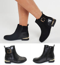 Womens Chelsea Ankle Boots Ladies Golden Buckle Low Mid Block Heel Jodhpur Shoes
