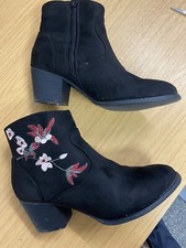 Ladies Peacocks Black Embroidered Ankle Boots Size 4 Casual, Party 