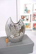 Arthur Cameron Ceramic Luxury Gunmetal Oval Vase with White Flowers grey silver