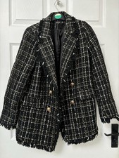 Boohoo Black Checked Frayed Hem Blazer Jacket Size 8