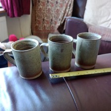 3xVintage Louis Hudson Studio Pottery. Green Glaze Mugs.Marked. 8.5cm Tall.