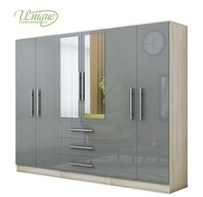 Modern 6 Door Wardrobe Mirrored Fitment in HIGH GLOSS GREY/BLACK/WHITE