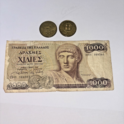 1000 drachma note and 50 - 2x,