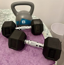 Pro Fitness 10KG Cast Iron Hex Dumbbell Set Pair RRP £60 New + 8KG Kettle Bell.