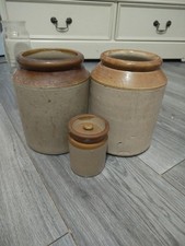 3 Vintage Stoneware Storage Jars Gibbs & Canning + 2 Unmarked Brown-Top Crocks