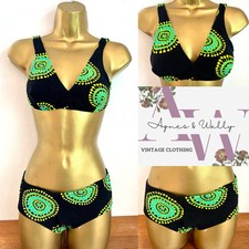 Vintage Bri Nylon 60s 70s Bikini Black Green Print Size 32 / UK 8