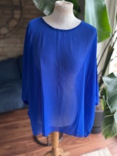 3/4 sleeve Blue Round Neck Over Sized Sheer Chiffon Layering Top One Size New