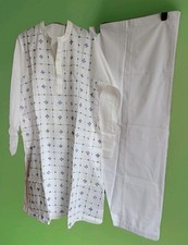Mens White Blue Punjabi Suit M