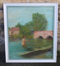 Primitive School - study of a gent fishing - oil painting