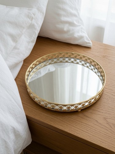 Round mirror gold vanity tray - gold,