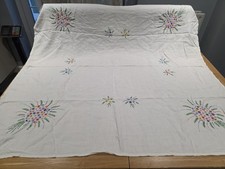 Vintage Cream Embroidered  Tablecloth 50x50  Inches