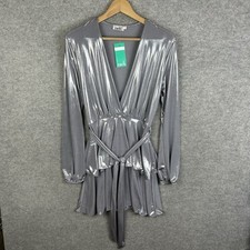 John Zack Dress Womens UK 10 Satin Silver Short V Neck Belted Long Sleeve NEW