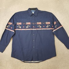 Vintage Wrangler Men Shirt XL Blue USA Flag Eagle Bull Riding Rodeo Western Snap