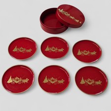 6 x Vintage Xmas Christmas Themed Coasters Otagiri Japan Red & Gold Lacquerware