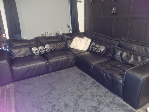Black leather corner sofa - leather,