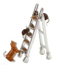 Saturno Silver and Enamel Ginger Cat /Mice on Ladder - Fully Hallmarked Sterling