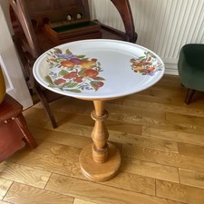 Beautiful Vintage Pedestal Occasional Table With Plastic Plate Top Serving Table