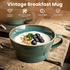 ACESOME 375ml Ceramic Soup Bowl with Scoop – Gradient Cyan Breakfast Mug.