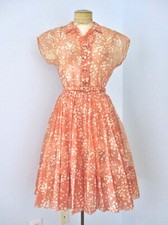 Vtg 50s Rockabilly Nelly Don Peach Sheer Chiffon Shirtwaist Swing Dress Belt S/M