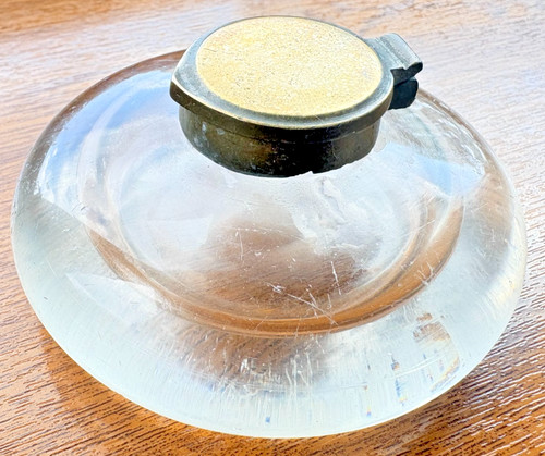 Glass inkwell brass hinged lid - inkwell,