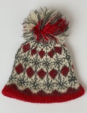 Vintage Women’s Norwegian Wool Hand Knit Fair Isle Pompom Beanie Hat Red Grey S
