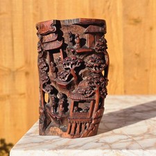 Chinese Antique Deep Carved Wood Bamboo Brush Pot Figures 18th / 19th century