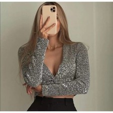 ZARA SEQUIN KNOTTED TOP SILVER