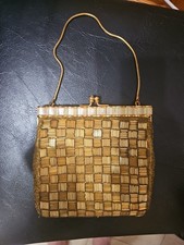 Vintage 1950s Golden Name Evening Bag Gold Woven Clutch Lucite Trim Satin Lining
