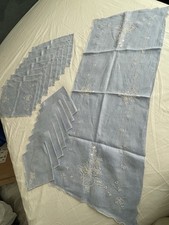 Vintage 1950s Blue Embroidered 8 Place Dining Table Set Placemat Napkin Runner