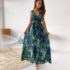 Womens Floral Boho Long Maxi Dress Ladies Summer V Neck Holiday Beach Sundress