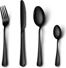 Cutlery Set Black, NINIROR 16 Piece Stainless Steel Flatware Set Silverware P16