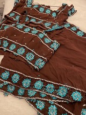 Womens Brown Silver Turquoise Blue Heavy Sari Saree with 2 Blouses - uk 16