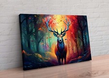 Abstract Colourful Stag Misty Forest Trees Framed Canvas Wall Art Picture Print